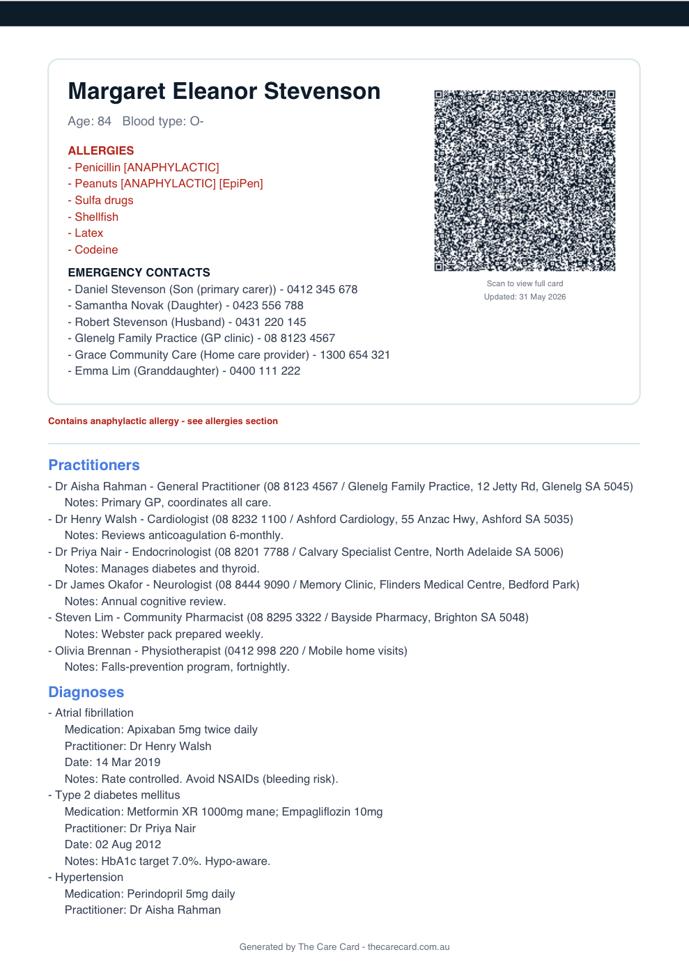 Sample printable PDF of a care summary