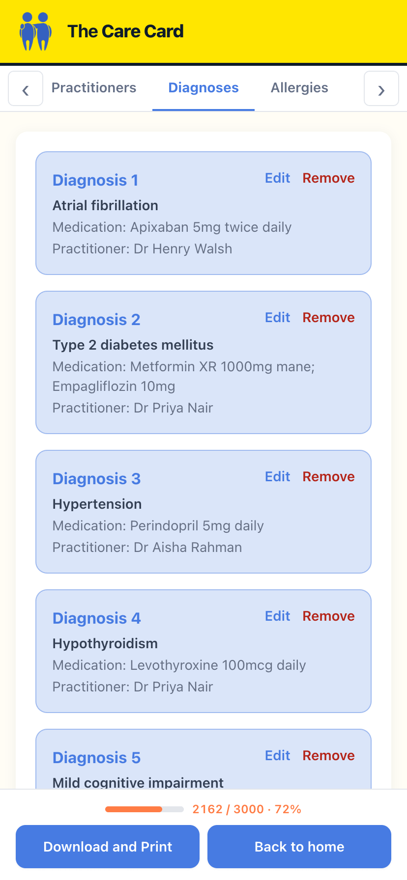 The Care Card app – building a care summary
