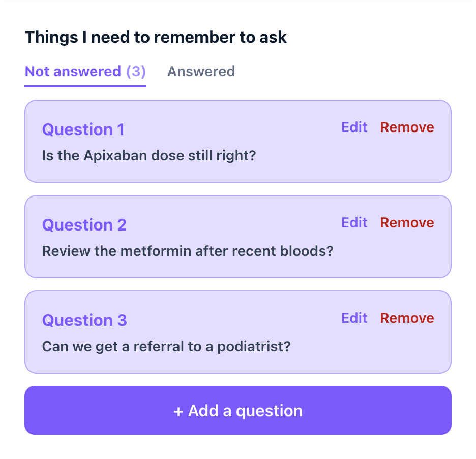 The Care Card app – a carer's list of questions to remember to ask the doctor